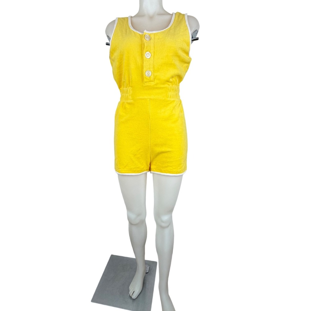 Vintage Yellow Terry Cloth Short Romper Retro Henley Sleeveless Size S